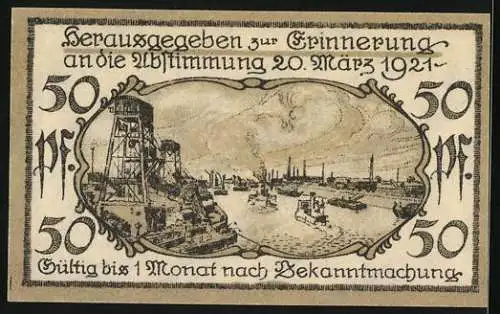 Notgeld Cosel /O.-S. 1921, 50 Pfennig, Uferpartie mit Booten, Stadtwappen