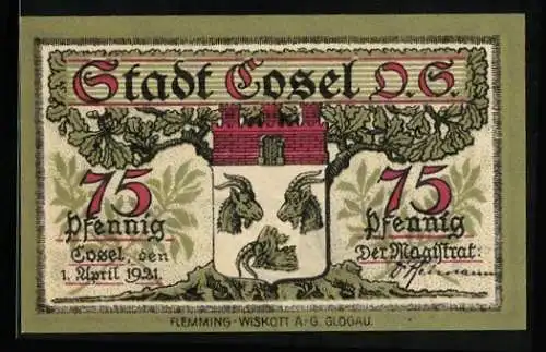 Notgeld Cosel /O.-S. 1921, 75 Pfennig, Uferpartie mit Booten, Stadtwappen
