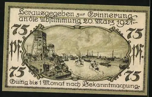 Notgeld Cosel /O.-S. 1921, 75 Pfennig, Uferpartie mit Booten, Stadtwappen