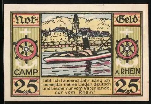 Notgeld Camp a. Rh. 1921, 25 Pfennig, Uferpartie mit Boot, Steuerräder