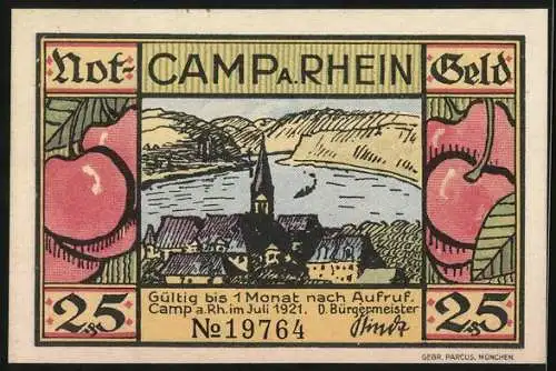Notgeld Camp a. Rh. 1921, 25 Pfennig, Uferpartie mit Boot, Steuerräder