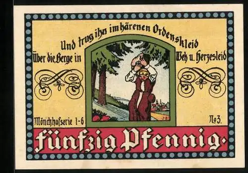 Notgeld Manebach 1921, 50 Pfennig, Mönch trägt Stein in die Berge