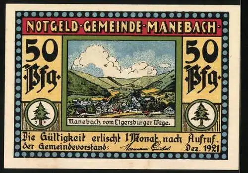 Notgeld Manebach 1921, 50 Pfennig, Mönch trägt Stein in die Berge