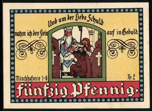 Notgeld Manebach 1921, 50 Pfennig, Mönch wird mit dem Steintragen bestraft