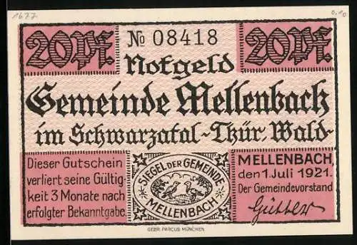 Notgeld Mellenbach im Schwarzathal /Thür. Wald 1921, 20 Pfennig, Ortspartie