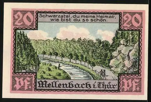 Notgeld Mellenbach im Schwarzathal /Thür. Wald 1921, 20 Pfennig, Ortspartie