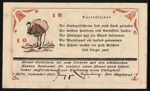 Notgeld Melle 1921, 10 Pfennig, Gedicht zur Kartoffelnot