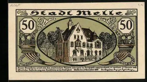 Notgeld Melle 1920, 50 Pfennig, Rathaus, Menschen bei der Ernte