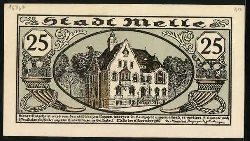Notgeld Melle 1920, 25 Pfennig, Rathaus, Bauer mit Kartoffeln