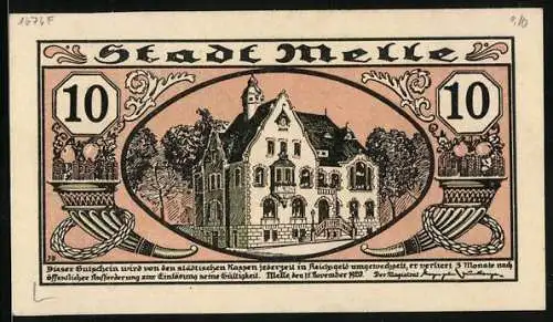 Notgeld Melle 1920, 10 Pfennig, Rathaus, Bauer mit Kartoffeln