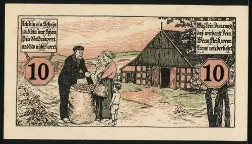 Notgeld Melle 1920, 10 Pfennig, Rathaus, Bauer mit Kartoffeln