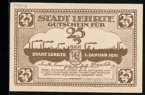 Notgeld Lehrte 1921, 25 Pfennig, Stadtsilhouette mit Wappen