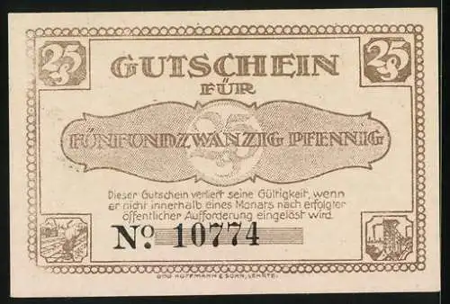 Notgeld Lehrte 1921, 25 Pfennig, Stadtsilhouette mit Wappen