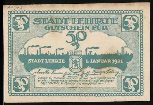 Notgeld Lehrte 1921, 50 Pfennig, Stadtsilhouette mit Wappen