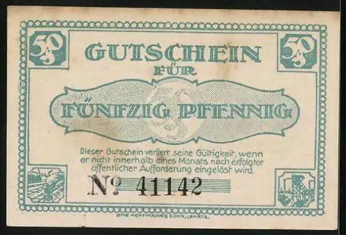 Notgeld Lehrte 1921, 50 Pfennig, Stadtsilhouette mit Wappen