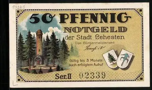 Notgeld Lehesten, 50 Pfennig, Bismarckturm auf dem Wetzstein, Kind mit Tafel