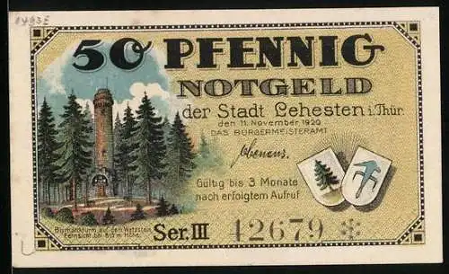 Notgeld Lehesten 1920, 50 Pfennig, Bismarckturm auf dem Wetzstein, Kind mit Tafel