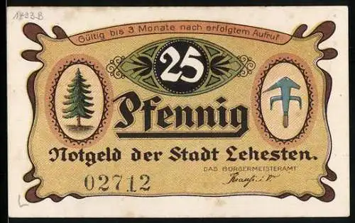Notgeld Lehesten, 25 Pfennig, Tannenbaum, Kind mit Tafel