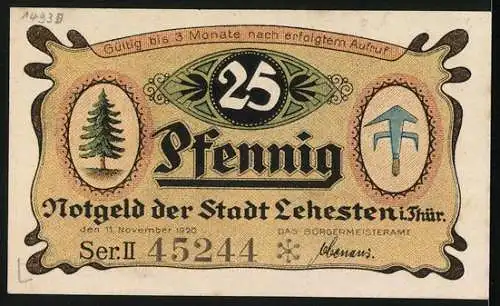 Notgeld Lehesten 1920, 25 Pfennig, Tannenbaum, Kind mit Tafel