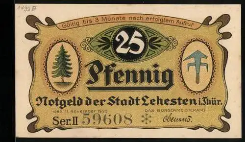 Notgeld Lehesten 1920, 25 Pfennig, Tannenbaum, Kind mit Tafel