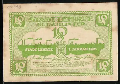 Notgeld Lehrte 1921, 10 Pfennig, Stadtsilhouette mit Wappen