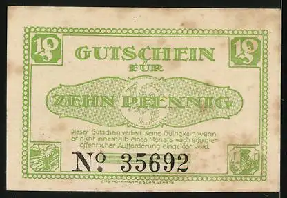 Notgeld Lehrte 1921, 10 Pfennig, Stadtsilhouette mit Wappen