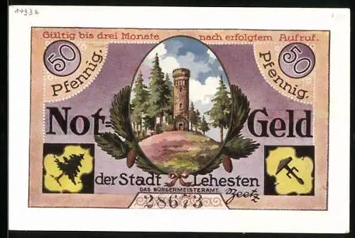 Notgeld Lehesten, 50 Pfennig, Lehesten, Bismarckturm auf dem Wetzstein, Tafel