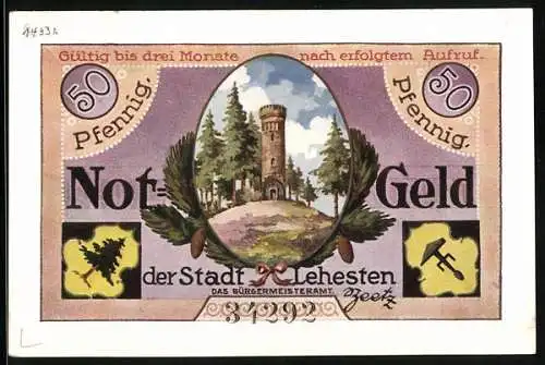 Notgeld Lehesten, 50 Pfennig, Lehesten, Bismarckturm auf dem Wetzstein, Tafel