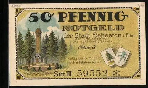 Notgeld Lehesten 1920, 50 Pfennig, Lehesten, Bismarckturm auf dem Wetzstein, Kind an der Tafel