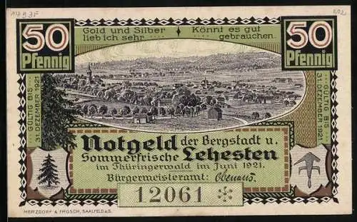 Notgeld Lehesten 1921, 50 Pfennig, Lehesten, Teilansicht, Bismarckturm auf dem Wetzstein
