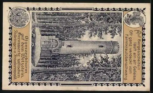 Notgeld Lehesten 1921, 50 Pfennig, Lehesten, Teilansicht, Bismarckturm auf dem Wetzstein