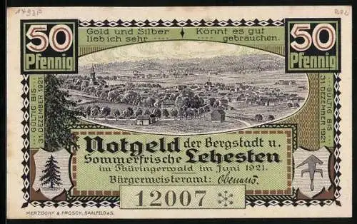 Notgeld Lehesten /Thüringerwald 1921, 50 Pfennig, Ortsansicht, Wegstein Herzog zu Sachsen