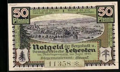 Notgeld Lehesten /Thüringerwald 1921, 50 Pfennig, Ortsansicht, Dreiwappenstein am Kiesslich