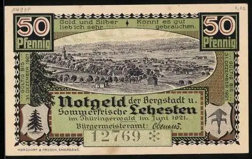 Notgeld Lehesten /Thüringerwald 1921, 50 Pfennig, Ortsansicht, Dreiwappenstein am Kiesslich