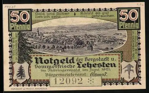 Notgeld Lehesten /Thüringerwald 1921, 50 Pfennig, Ortsansicht, Dreiwappenstein am Kiesslich