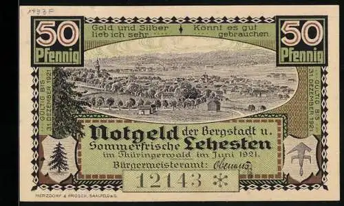 Notgeld Lehesten /Thüringerwald 1921, 50 Pfennig, Ortsansicht, Wegstein hzvsaltlin 1619