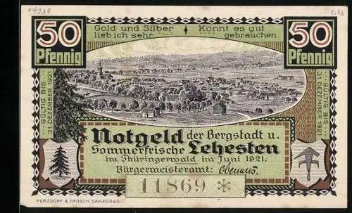 Notgeld Lehesten /Thüringerwald 1921, 50 Pfennig, Ortsansicht, Wegstein Gebiet der Bischöfe von Bamberg