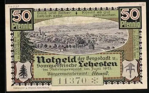 Notgeld Lehesten /Thüringerwald 1921, 50 Pfennig, Ortsansicht, Wegstein Gebiet Wettiner
