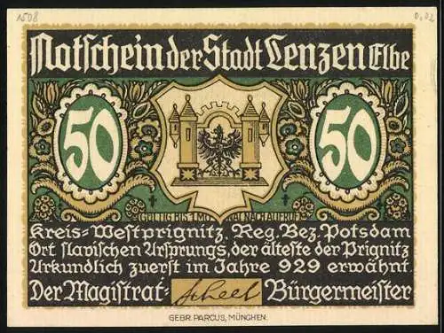 Notgeld Lenzen /Elbe, 50 Pfennig, Kuh, Stadtwappen