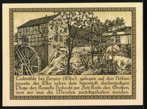 Notgeld Lenzen /Elbe, 50 Pfennig, Talmühle, Stadtwappen
