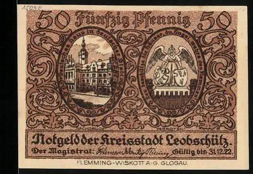 Notgeld Leobschütz 1922, 50 Pfennig, Deutsches Haus, Engel mit Wappen