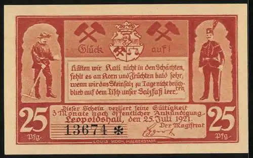 Notgeld Leopoldshall i. Anh. 1921, 25 Pfennig, Kali- und Steinsalzgewinnung, Firstenbetrieb