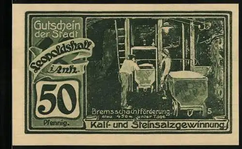 Notgeld Leopoldshall i. Anh. 1921, 50 Pfennig, Kali- und Steinsalzgewinnung, Bremsschachtförderung