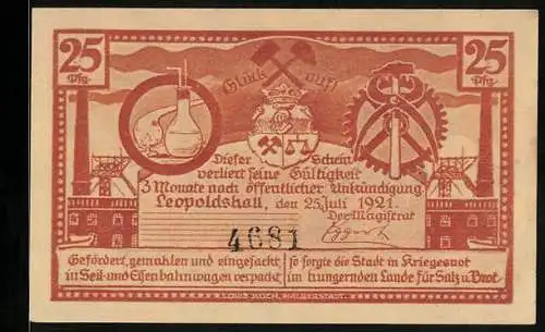 Notgeld Leopoldshall i. Anh. 1921, 25 Pfennig, Kali- und Steinsalzgewinnung, Mühle