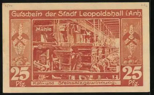 Notgeld Leopoldshall i. Anh. 1921, 25 Pfennig, Kali- und Steinsalzgewinnung, Mühle