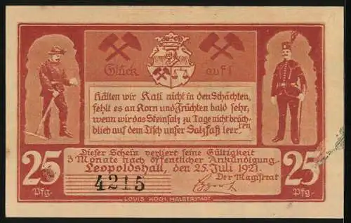 Notgeld Leopoldshall i. Anh. 1921, 25 Pfennig, Kali- und Steinsalzgewinnung, Firstenbetrieb