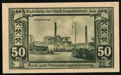 Notgeld Leopoldshall i. Anh. 1921, 50 Pfennig, Kali- und Steinsalzgewinnung, Schachtanlage