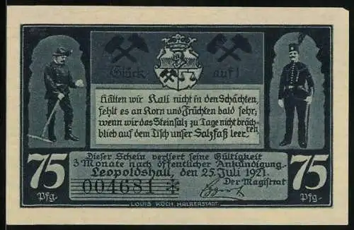 Notgeld Leopoldshall i. Anh. 1921, 75 Pfennig, Kali- und Steinsalzgewinnung, Hängebank
