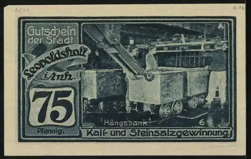 Notgeld Leopoldshall i. Anh. 1921, 75 Pfennig, Kali- und Steinsalzgewinnung, Hängebank