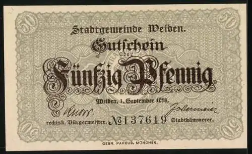 Notgeld Weiden 1918, 50 Pfennig, Blick zum Rathaus